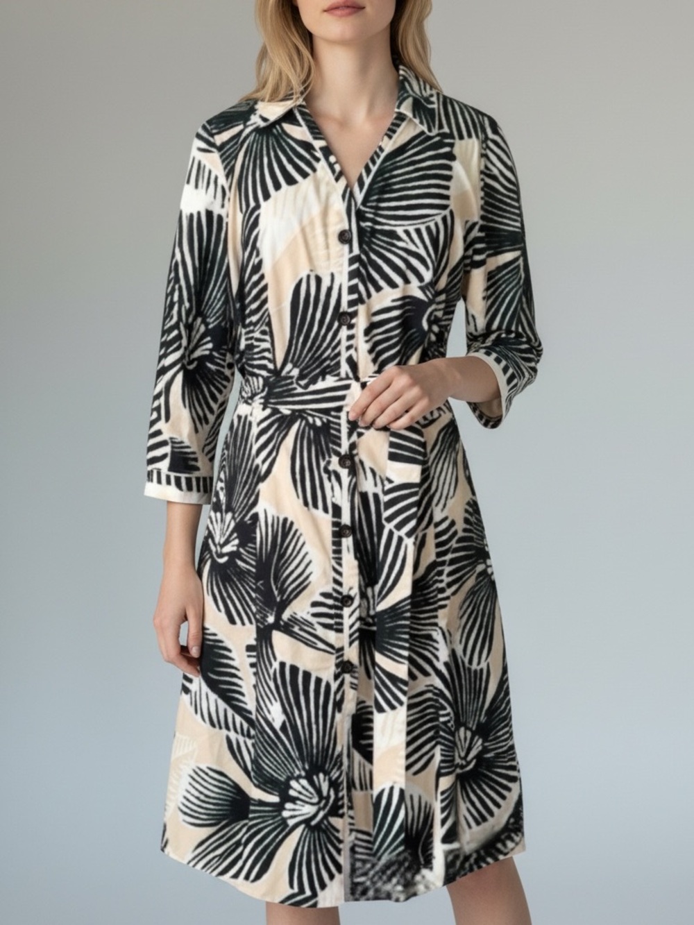 Rena Lange Fantasy Blooms Belted Shirt Dress  100% Cotton Size 14